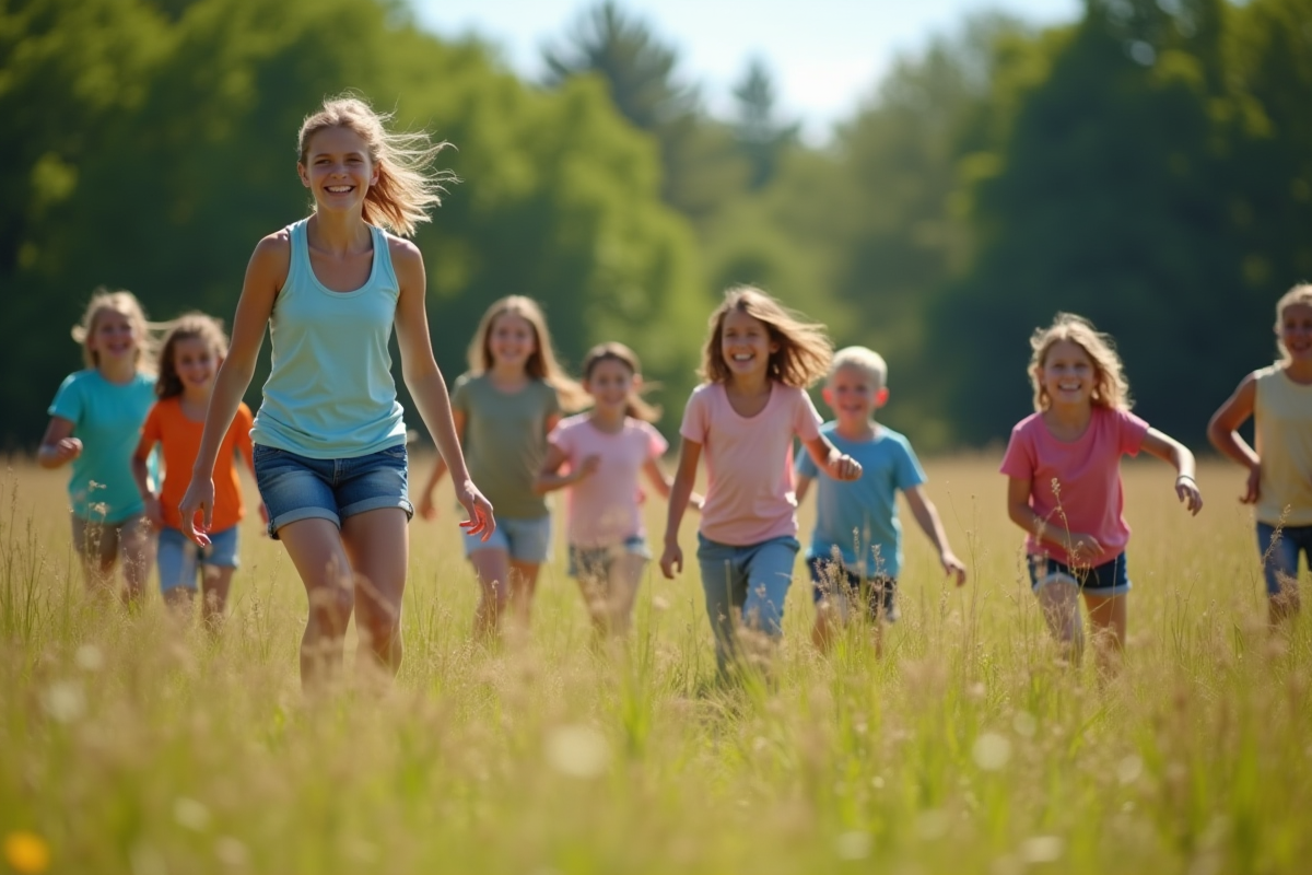 Jeune animateur de camp encadrant des enfants en plein air