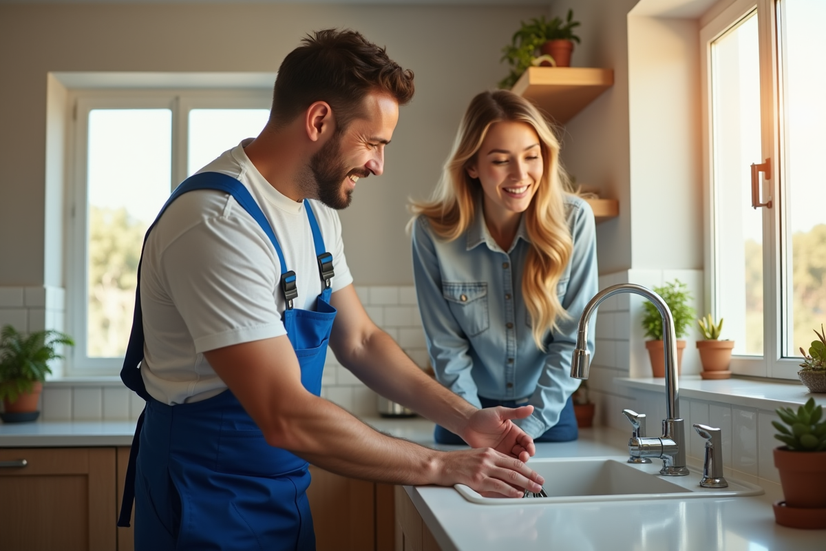 Artisan souriant réparant un évier de cuisine en discutant avec un propriétaire