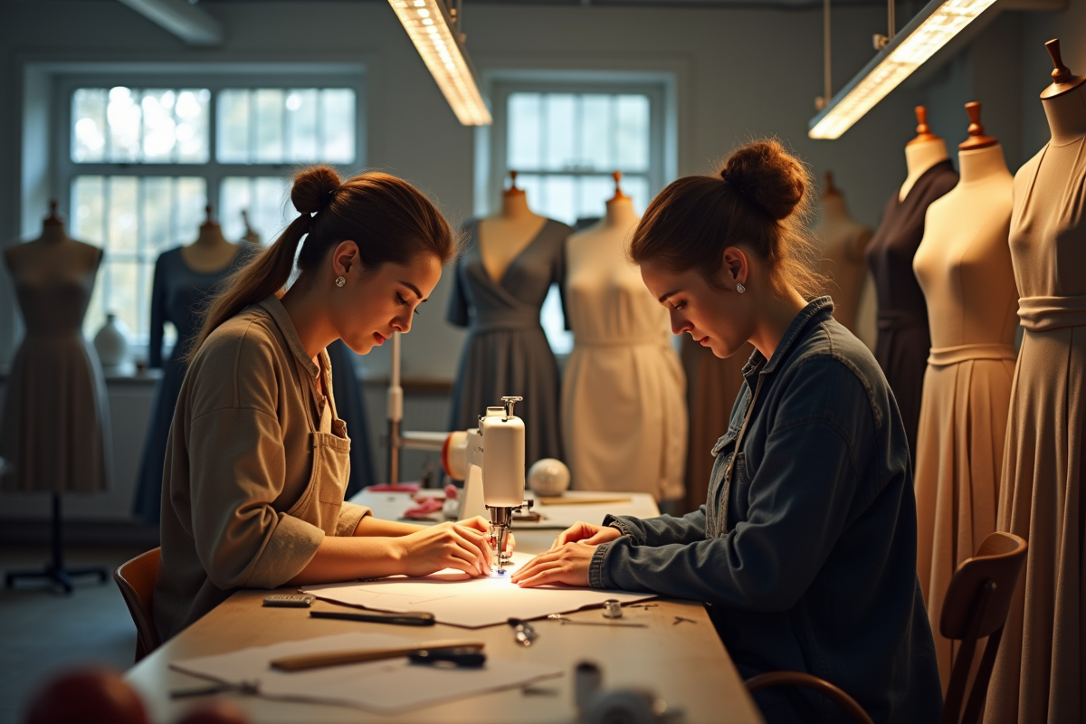 Atelier de couture avec artisans travaillant sur des vêtements