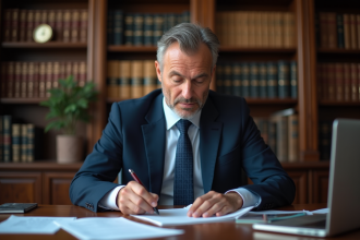 Avocat en costume bleu examinant un code juridique français