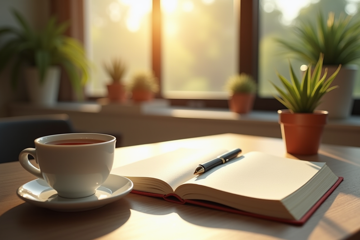 Bureau moderne avec journal tasse de thé et plante pour l amélioration personnelle