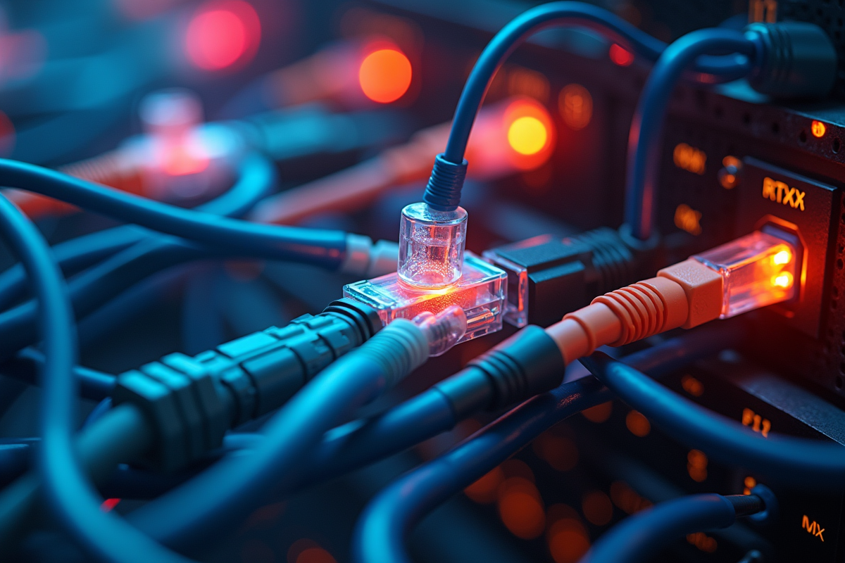 Câbles ethernet et fibre optique entrelacés en réseau numérique