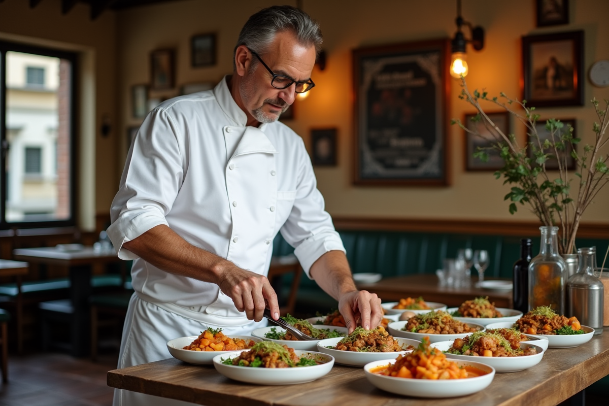 Chef français arrangeant plats régionaux dans un bistro