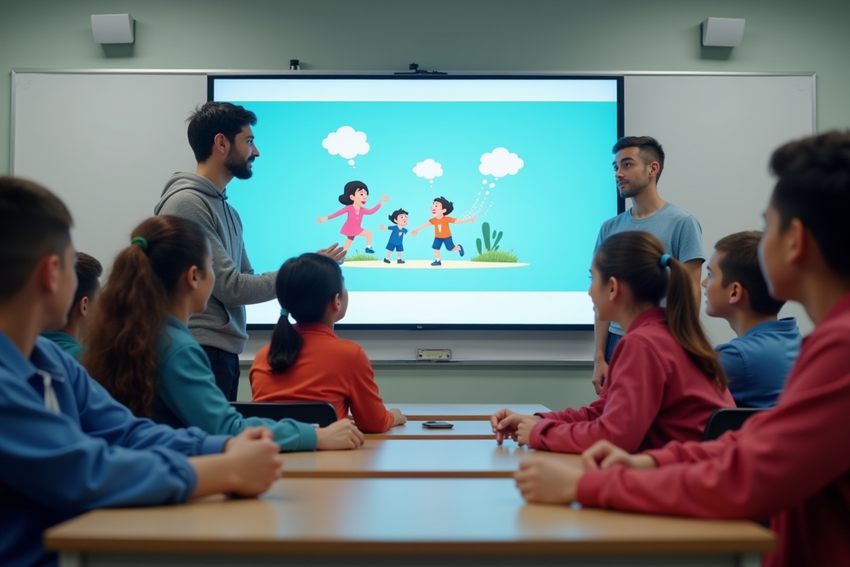 Groupe d élèves et professeur devant un écran interactif avec Byju