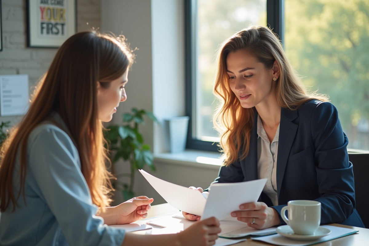 Conseiller en orientation avec un adulte dans un bureau lumineux