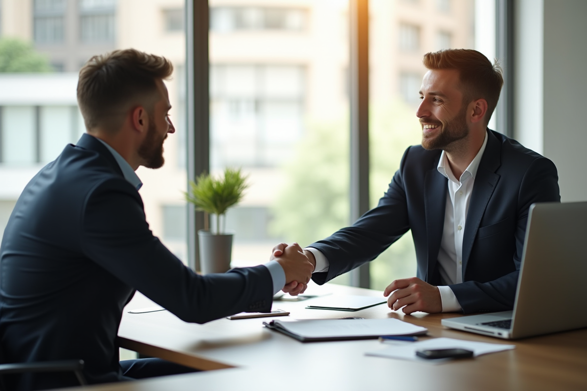 Consultant professionnel serrant la main d'un client dans un bureau lumineux