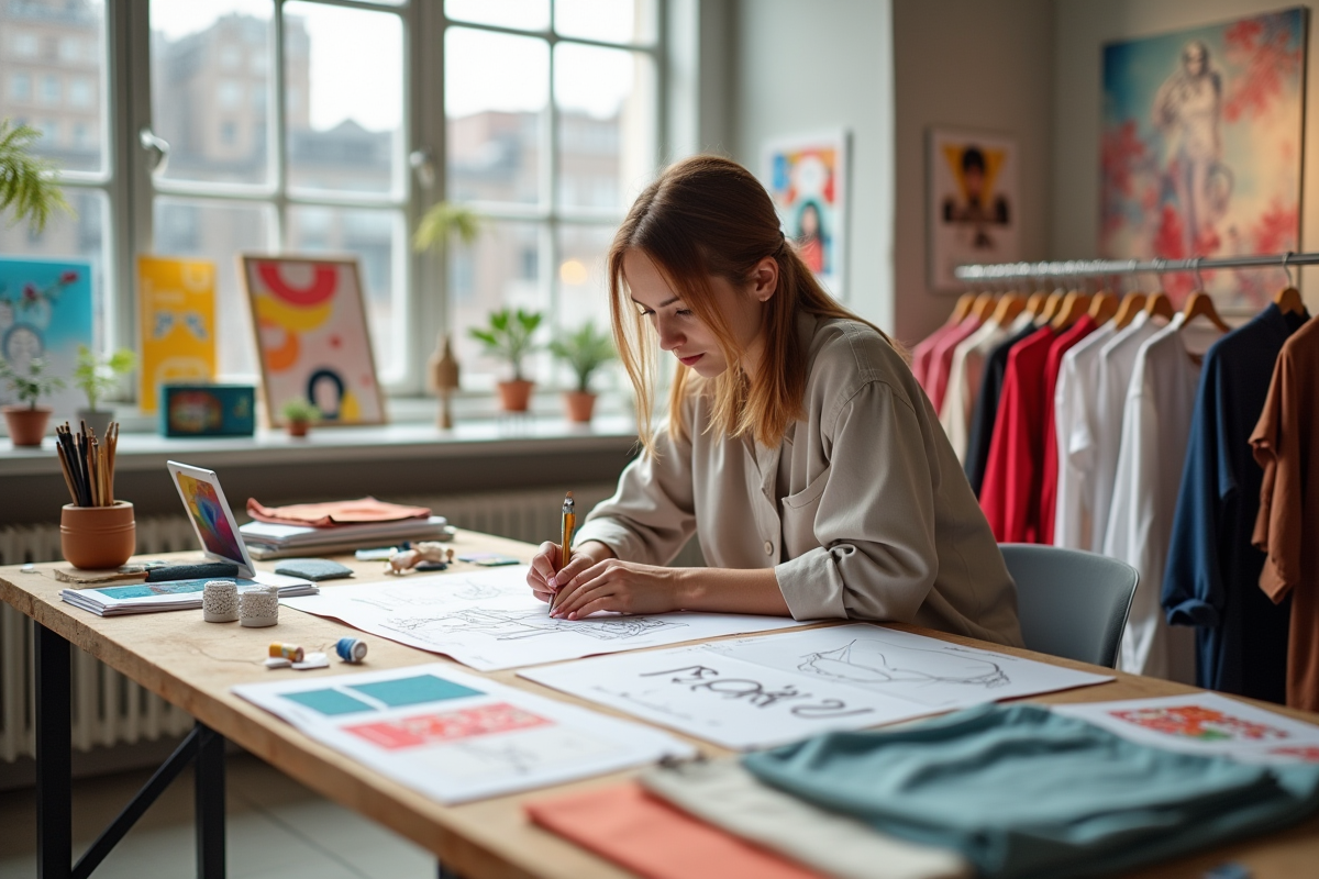 Créateur de mode dans un studio moderne en train de dessiner