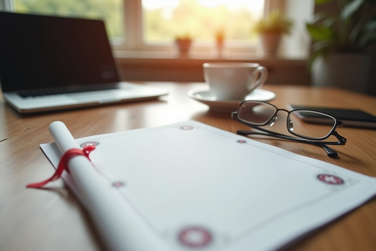 Diplome sur bureau avec ordinateur et cafe lumineux