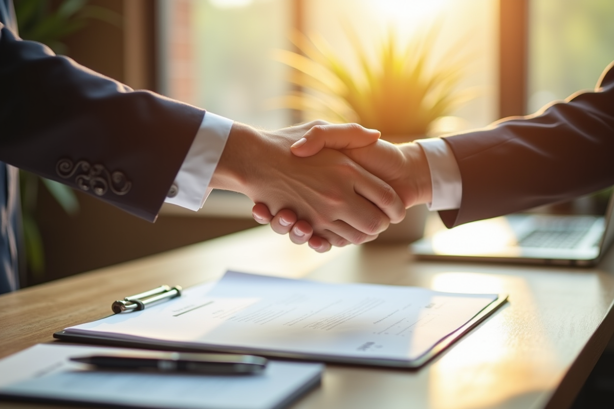 Echange de certificat entre deux mains sur un bureau ensoleille