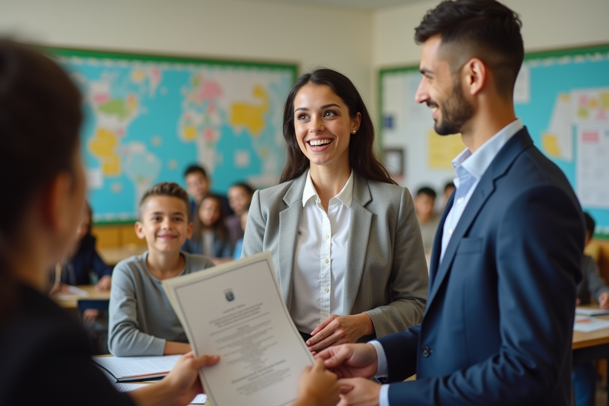 Enseignant souriant recevant un certificat dans la classe