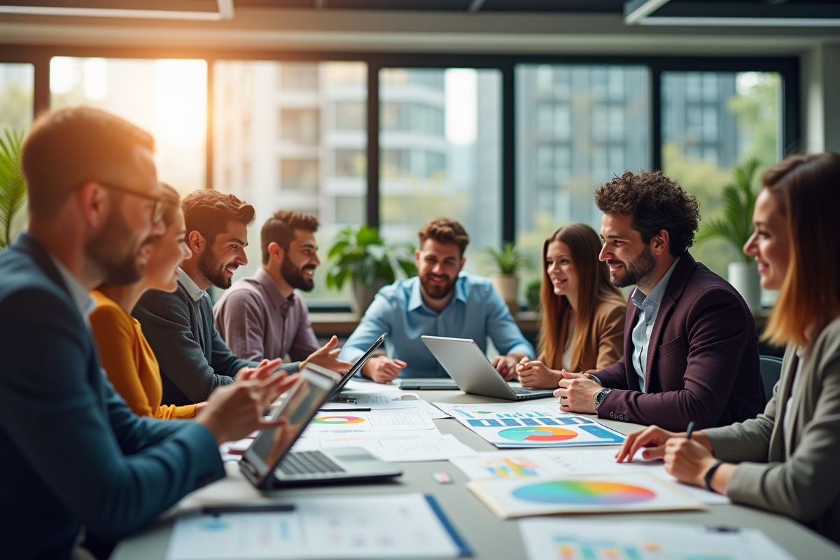 Equipe diverse en réunion dans un bureau lumineux