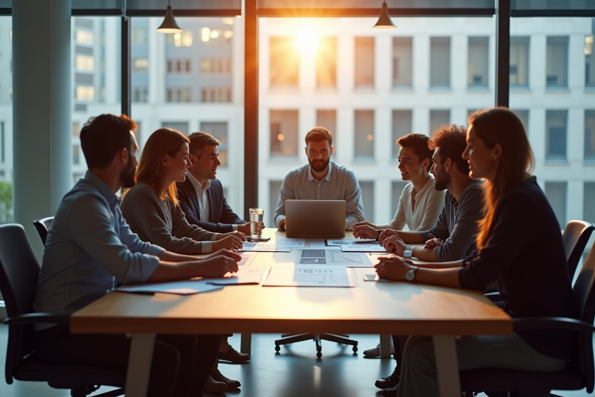 Groupe de professionnels discutant stratégie marketing dans un bureau lumineux