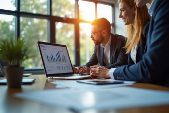 Espace de travail moderne avec professionnels et écran BGE