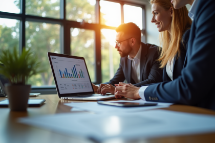 Espace de travail moderne avec professionnels et écran BGE