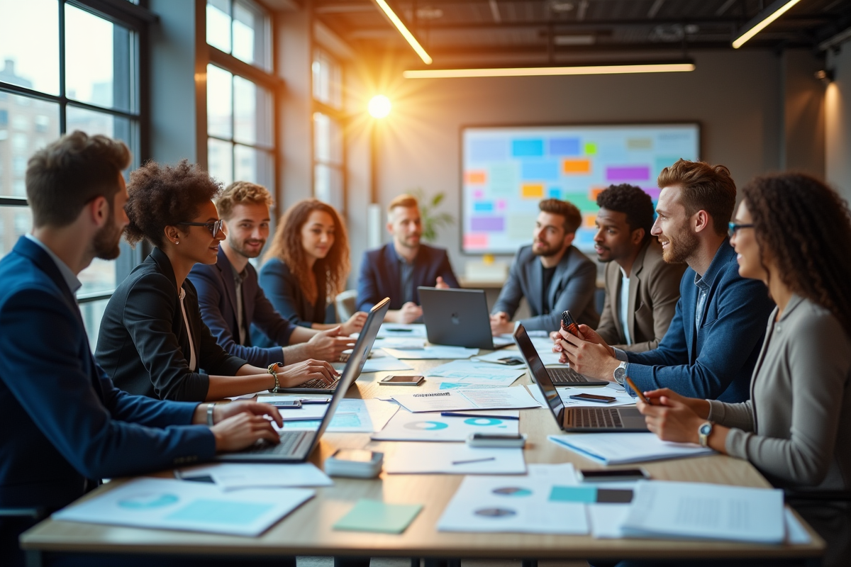 Espace de travail moderne avec professionnels divers discutant
