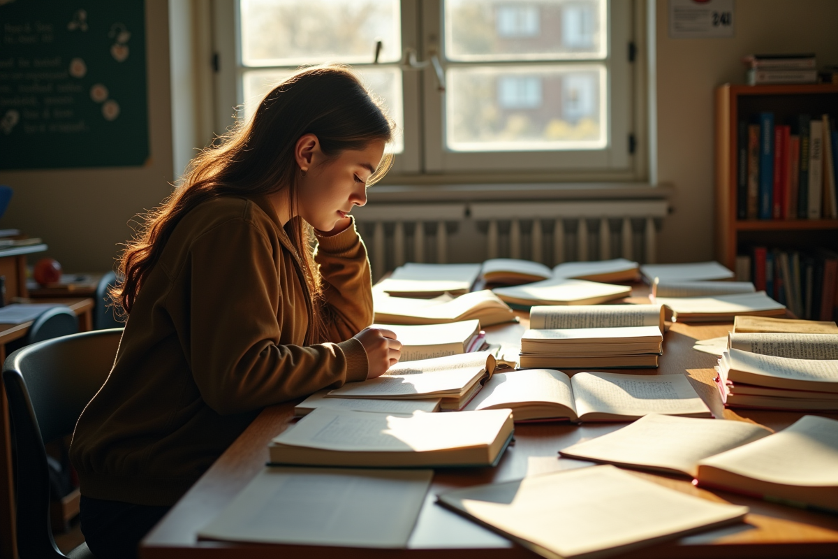 Étudiant à son bureau entouré de livres de grammaire et vocabulaire
