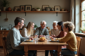 Famille multigenerational autour d une table en bois