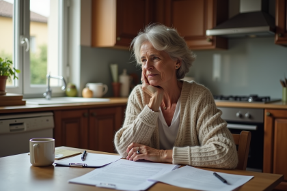 Femme d'&acirc;ge moyen en pleine r&eacute;flexion avec documents administratifs
