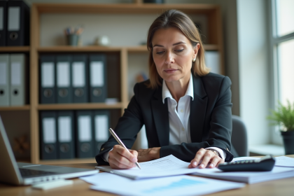 Femme d affaires en réunion analysant des documents financiers