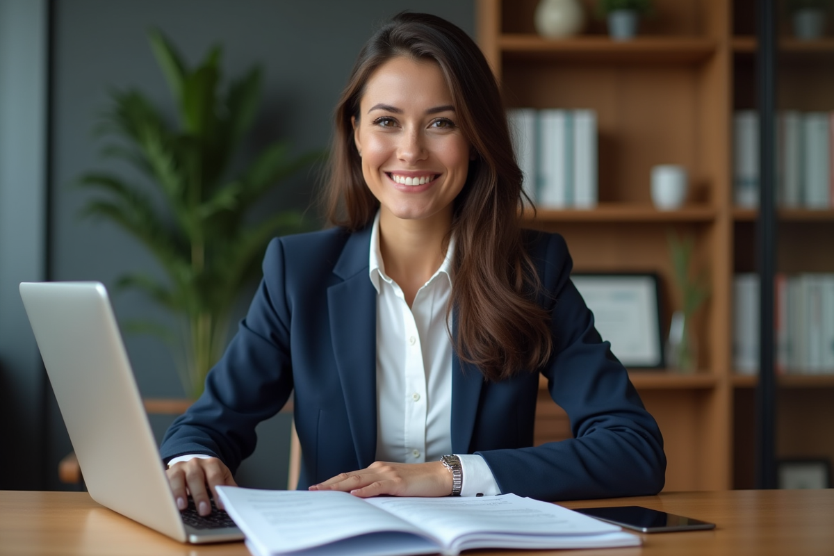 Femme d'affaires confiante en costume navy dans un bureau moderne