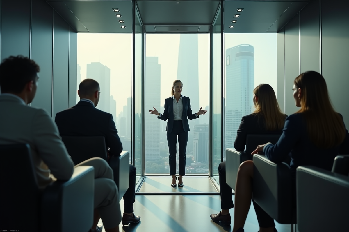Femme d'affaires confiante faisant un pitch dans un glelevator lumineux