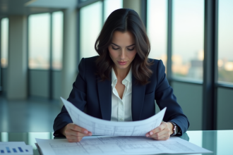 Femme professionnelle regardant un plan dans un bureau moderne