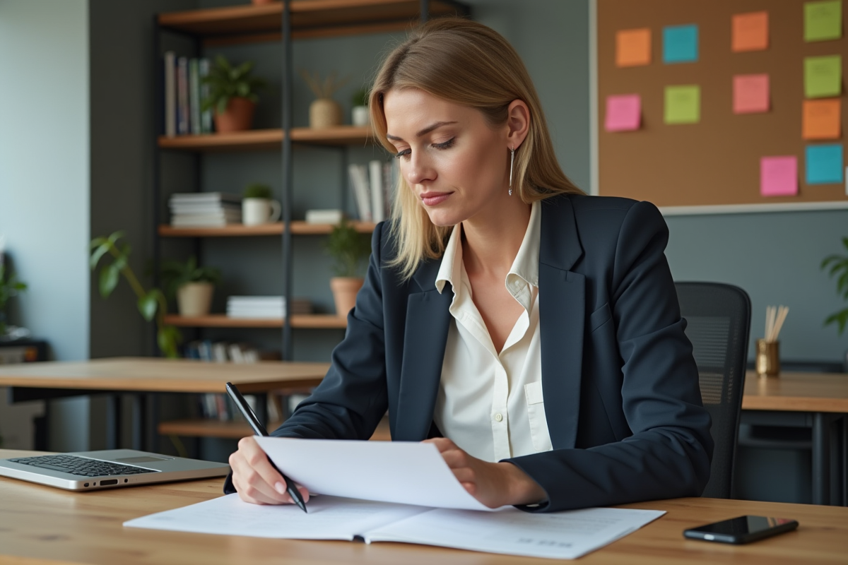 Femme concentrée en réunion dans un bureau moderne