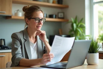 Femme d'âge moyen dans une cuisine lumineuse avec document et ordinateur