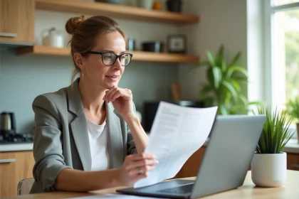 Femme d'&acirc;ge moyen dans une cuisine lumineuse avec document et ordinateur