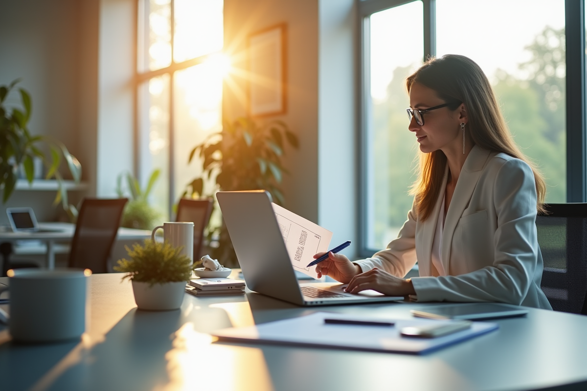 Femme professionnelle au bureau consulte documents formation