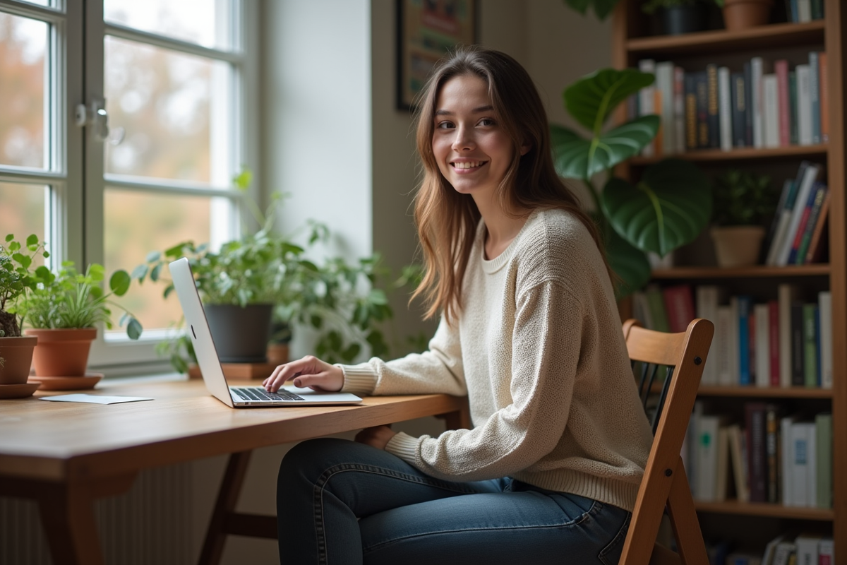 Jeune femme assise à son bureau dans un home office calme