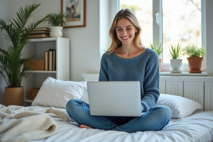 Femme souriante travaillant sur son ordinateur portable dans un bureau cosy