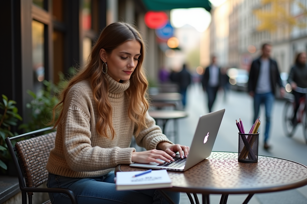 Jeune femme travaillant sur son ordinateur en terrasse de café