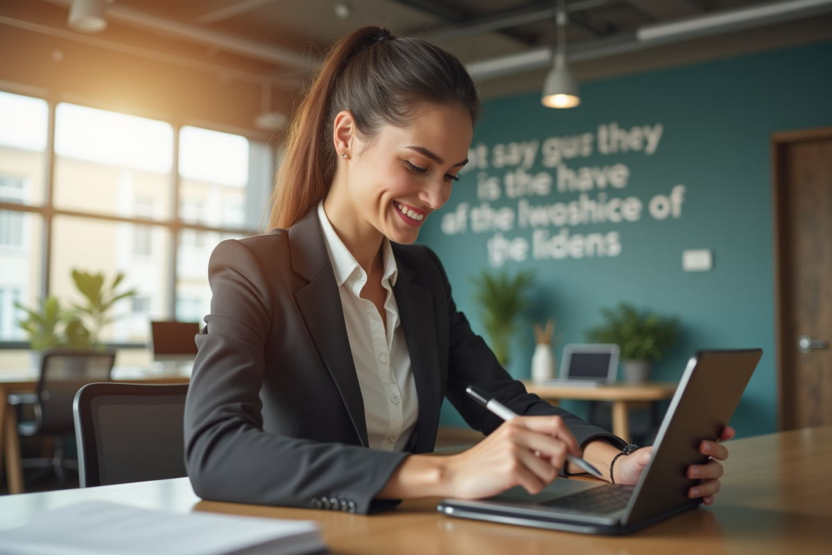 Jeune femme d affaires utilisant une tablette dans un espace lumineux