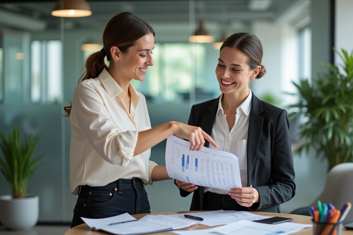 Jeune femme souriante expliquant des documents financiers à un collègue