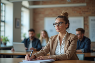 Femme attentive en formation professionnelle en salle moderne