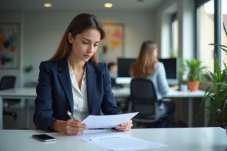 Femme française en bureau remplissant un dossier de demande