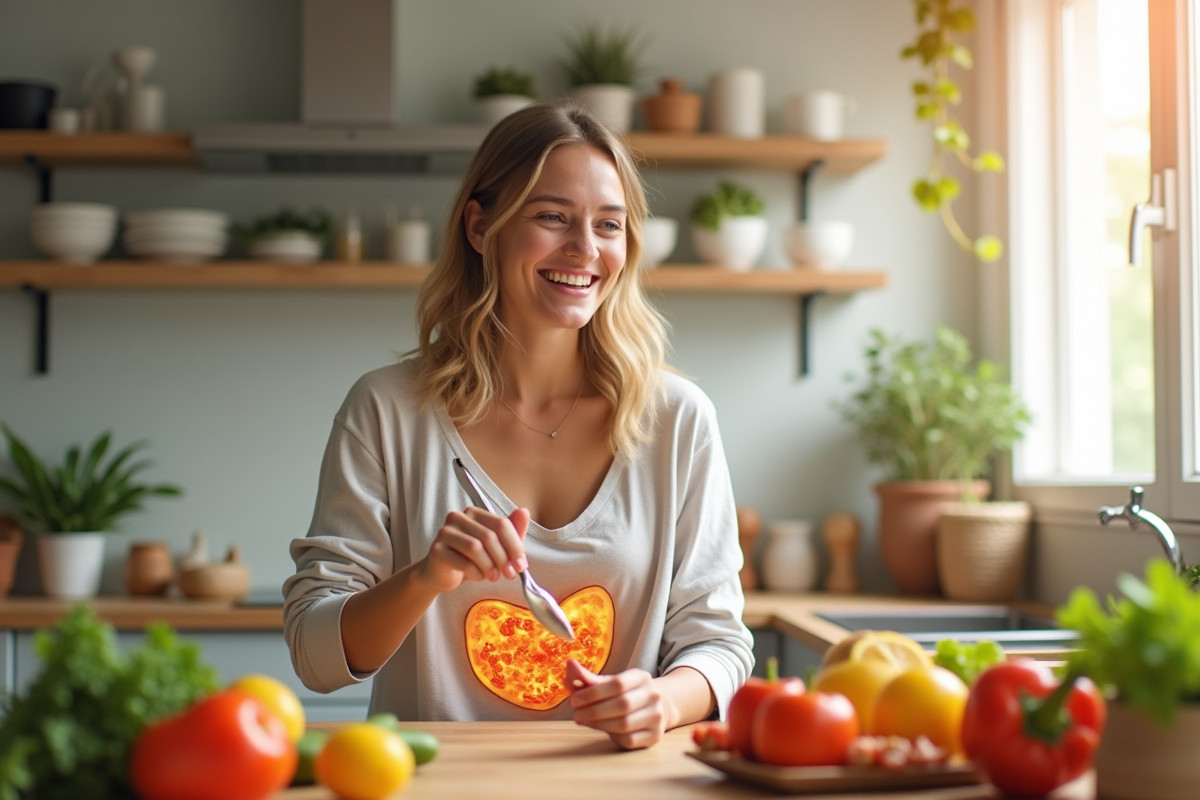Femme souriante mangeant des fruits dans une cuisine lumineuse
