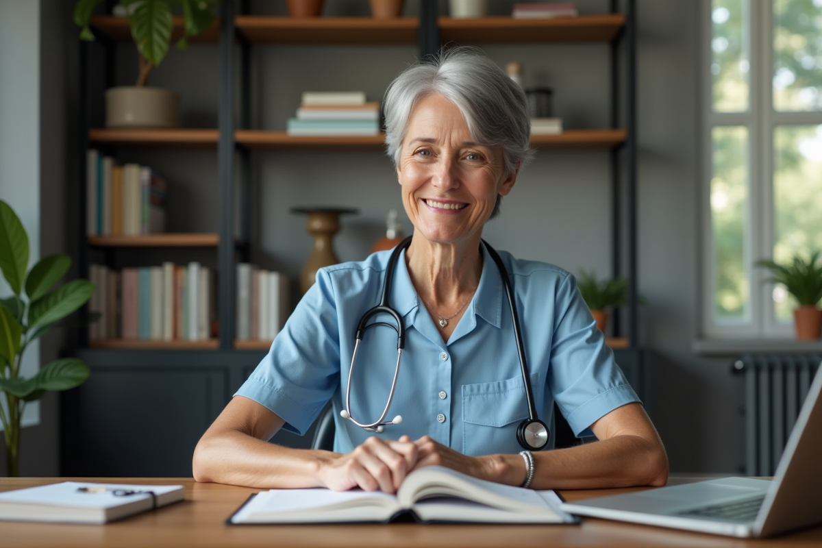 Femme médecin de 50 ans lisant un livre médical dans un bureau moderne