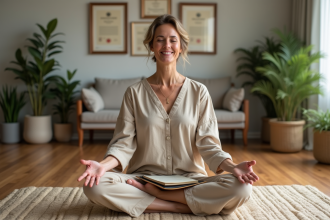 Femme méditant sereinement en intérieur avec certificat