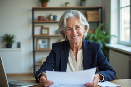 Femme de 55 ans en blazer navy dans un bureau lumineux