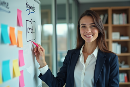 Jeune femme professionnelle devant un tableau blanc avec idées