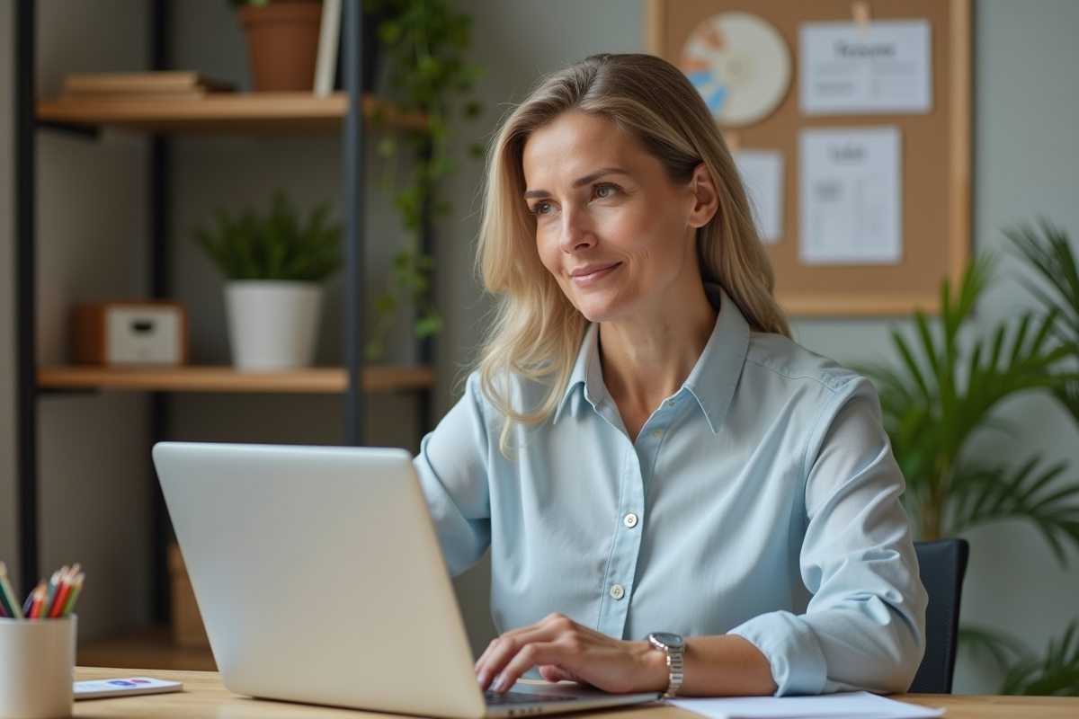 Femme en recherche d emploi sur son ordinateur à la maison