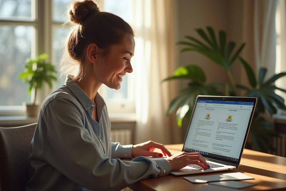 Jeune femme souriante utilisant un ordinateur avec logo Pôle Emploi