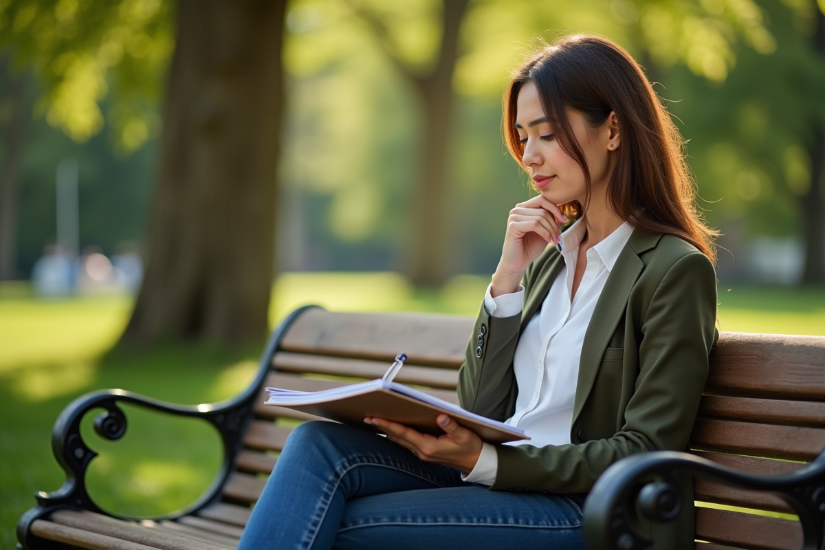 Femme assise sur un banc dans un parc en train de réfléchir