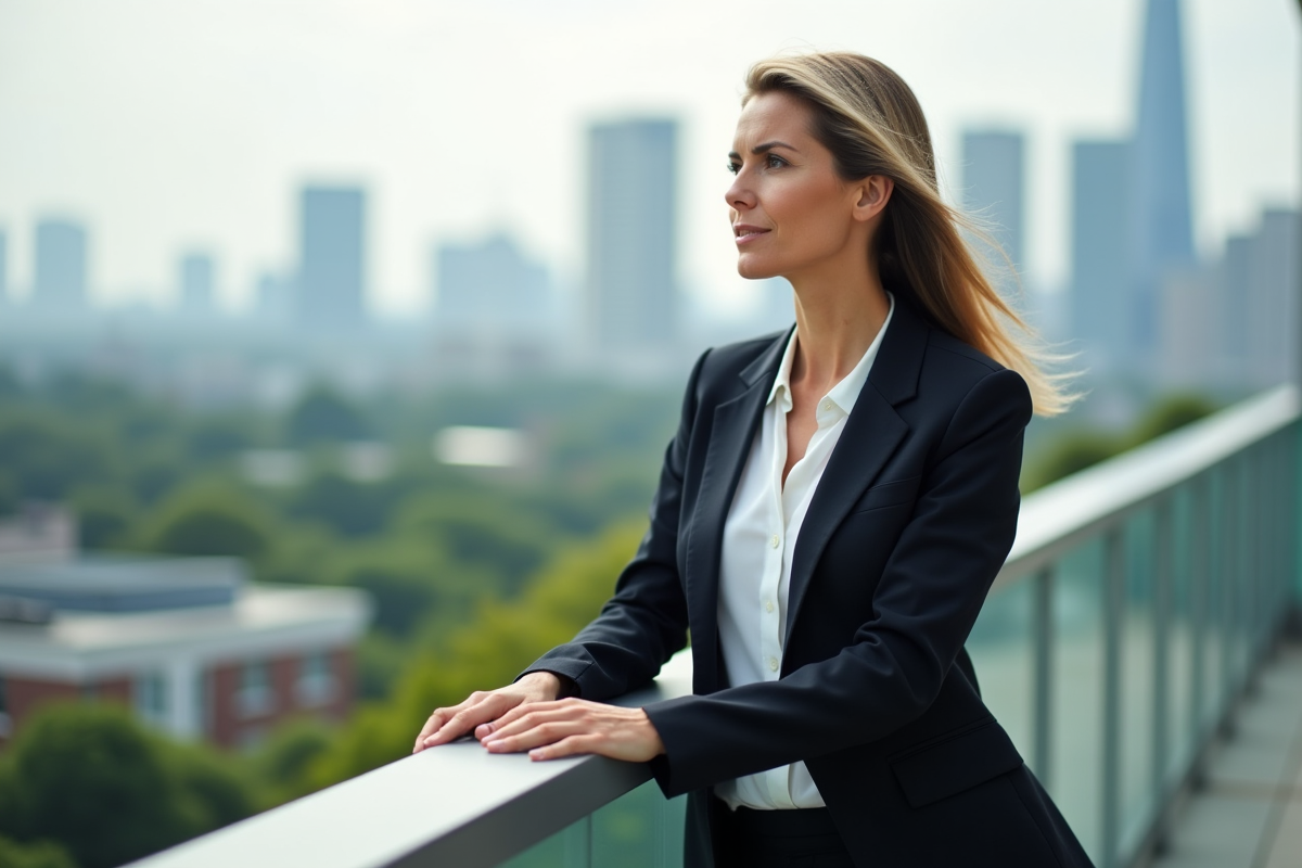 Femme d affaires sur un toit avec vue sur la ville