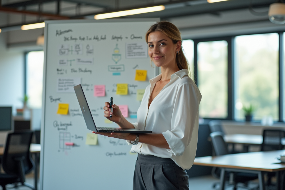 Femme en coworking expliquant un diagramme sur un whiteboard