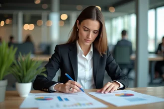 Femme en réunion de travail dans un bureau moderne