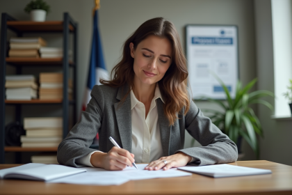 Femme concentrée remplissant des papiers dans un bureau moderne