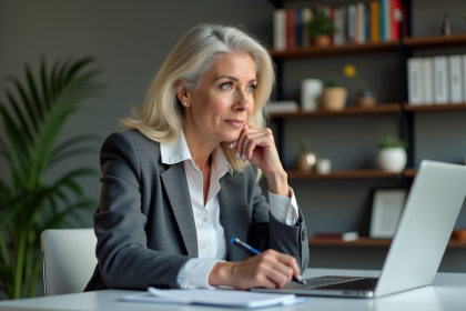 Femme en tenue professionnelle lors d'un atelier en ligne à domicile